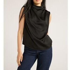 Scoop Womens Sleeveless Mock Neck Pleated Shoulder Blouse Black Soot Size XS